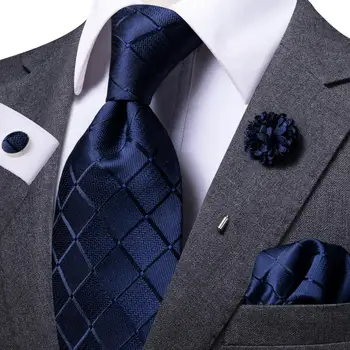 Роскошный мужской галстук длиной 8,5 см, темно-синий шелковый деловой галстук в клетку, Квадратная брошь-запонка, Свадебный подарок для мужчин от дизайнера Hi-Tie 18