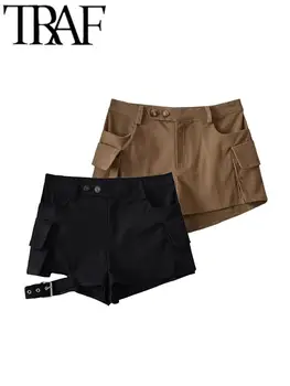 TRAF Y2K Черные женские шорты-карго с высокой талией, карманы, выдалбливают ремень с пряжкой, Экстремально короткие женские брюки, Лето 2023 г. 9
