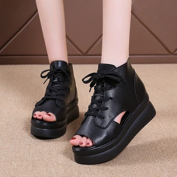 Женские летние Римские сандалии, ботинки 2023, туфли на танкетке на среднем каблуке, женские винтажные сандалии из искусственной кожи Mujer Sapato Feminino 5