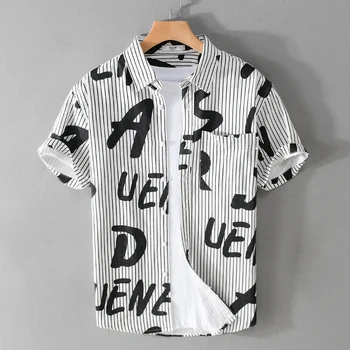 Летняя Мужская рубашка с коротким рукавом в стиле хип-хоп с буквенным принтом, Модные Красивые Удобные Мужские Блузки, Рубашки, Уличная Одежда 1
