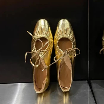 Балетки, женская кожаная обувь, женские узкополосные серебристые балетки, Блестящие золотые туфли с круглым носком, Весенняя обувь 2023 года 18