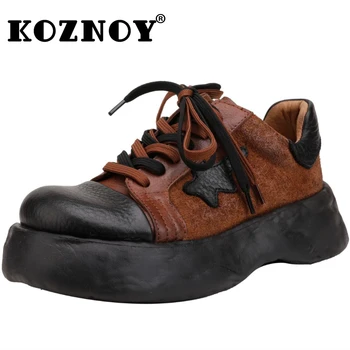 Koznoy / Обувь на платформе 4,5 см, массивные кроссовки, Натуральная натуральная кожа, женские летние лоферы на танкетке из коровьей замши, вулканизированные лоферы, Удобные на шнуровке