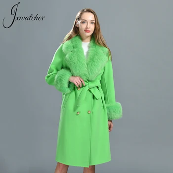 Шерстяные пальто и бленды Jxwatcher Воротник и манжеты из натурального лисьего меха, женский осенне-зимний модный Длинный тренч, однотонное пальто с длинным рукавом