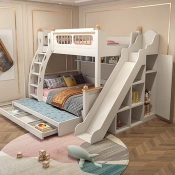 Детская верхняя и нижняя двухъярусная кровать с регулируемой высотой, двуспальная кровать для ребенка и матери, двухслойная комбинированная кровать Castle Princess 14