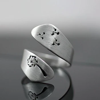 Винтажные Серебряные кольца с открыванием в виде Одуванчика, регулируемые кольца для женщин, Креативные кольца для мужчин с листьями деревьев и цветами, ювелирные изделия из камня в подарок 21