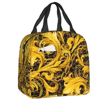 Изготовленная на заказ сумка для ланча с бесшовным рисунком из золотистого кружева, Мужские и женские ланч-боксы с теплой изоляцией-охладителем для учащихся школы 17