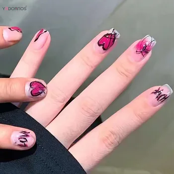Накладные ногти в стиле Y2K с фиолетовым рисунком в виде сердечка от любви, Короткие накладные ногти с полным покрытием, типсы для носимого нейл-арта для женщин