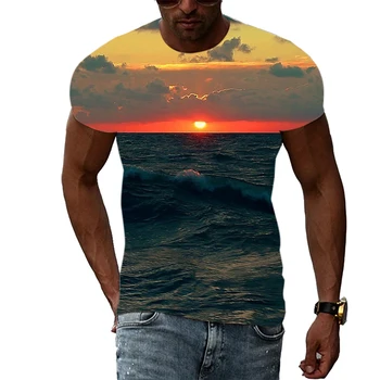 Летняя мода, мужские пляжные футболки с природными пейзажами, Трендовые футболки с 3D-принтом, Повседневные футболки с коротким рукавом, Классная блузка 12