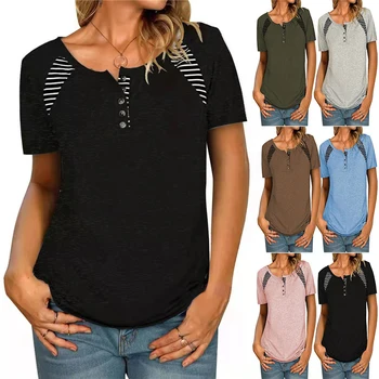 Весенне-летние новые женские рубашки, повседневные футболки в полоску с короткими рукавами и принтом, топы для женщин 10