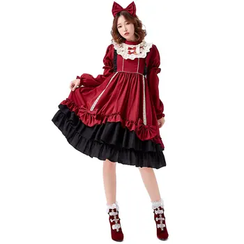 Бордовое, винно-красное платье в стиле Лолиты, костюм ведьмы для косплея на Хэллоуин, наряд горничной со съемным рукавом для женщин и девочек 9