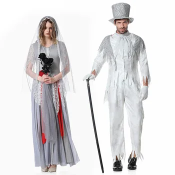 Зомби Невеста и призрак жениха Косплей Униформа для женщин и мужчин или пар Страшный костюм вампира Зомби для взрослых Платье для вечеринки на Хэллоуин