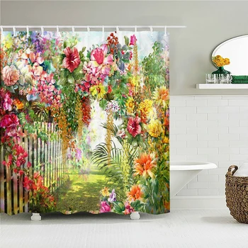 Романтическая занавеска для душа с цветущими цветами в стиле ретро, занавески для садовой ванны, водонепроницаемые занавески для ванной из полиэстера, комплект для душа с крючками 7