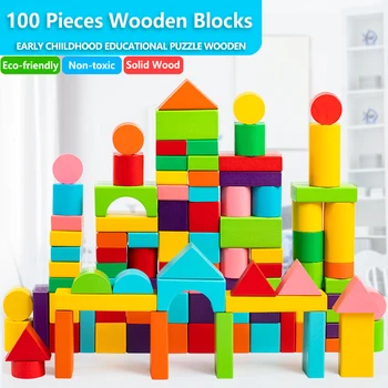 Набор деревянных строительных блоков с сумкой для хранения Деревянные игрушки для детей Собранные строительные блоки Игрушки для раннего развития для детей 18