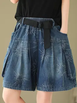 MODX Модные джинсовые шорты с широкими штанинами Оверсайз, женские летние свободные жаккардовые универсальные джинсы с эластичной резинкой на талии, уличная одежда длиной до колен 14