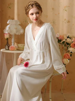 Женское ночное платье принцессы, весна-осень, оборки, Милая девушка, хлопок, V-образный вырез, винтажная сказочная пижама, пижамы, Викторианские ночные рубашки