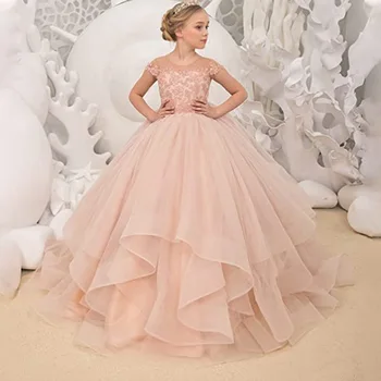 Элегантные румяна, розовое бальное платье, платья для девочек в цветочек, свадебные платья принцессы, кружевные аппликации, Длинные платья для первого причастия 3
