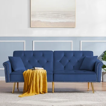 Современный бархатный диван-кушетка с 2 подушками и отделкой в виде гвоздей, диван-футон Loveseat Диван-кровать с металлическими ножками для гостиной.