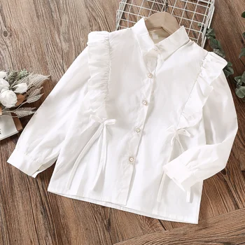 Белые блузки для девочек с рюшами, весна-осень, детская одежда с длинными рукавами для подростков 6, 8, 10, 11, 12, 13 лет, детские школьные рубашки 6