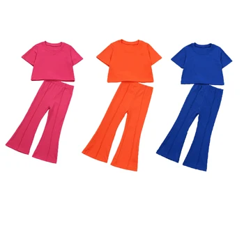 Детская одежда Для девочек, однотонная футболка с круглым вырезом и короткими рукавами, топы + расклешенные брюки, костюмы, одежда для младенцев и малышей, комплект из 2 предметов 9