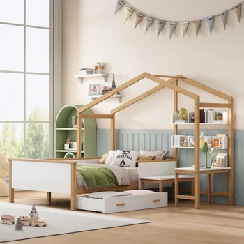 Кровать для деревянного дома в натуральную величину, каркас из белого и оригинального дерева с выдвижным ящиком, письменным столом и книжной полкой для детской мебели для спальни 4