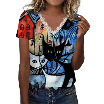 Женская Свободная футболка с коротким рукавом и V-образным вырезом, Модная Повседневная футболка с Рисунком Кота из Мультфильма, 3D Принтом Граффити, Элементами Каваи, кружевной узор