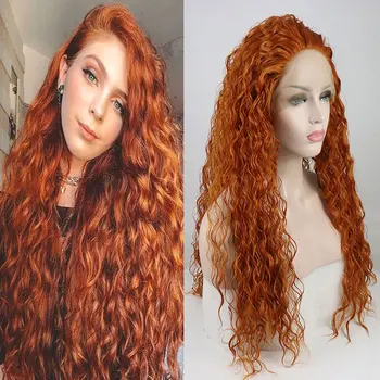 Оранжевый Парик из мягких синтетических волос на кружеве, предварительно выщипанный, упругий, вьющийся, Термостойкое волокно, натуральные волосы без пробора для женщин 7