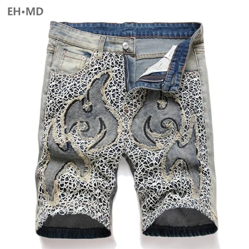 Летние мужские джинсовые шорты с пушистой вышивкой, кожаная сетка с леопардовым рисунком, Высокоэластичная 3D печать, застежка-молния, тренд сращивания 024