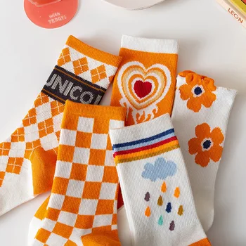 Женские носки в клетку с оранжевым цветком, Весна-Лето, длинные повседневные Модные Дышащие хлопчатобумажные носки, подарок для девочки