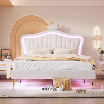 Кровать, кровать принцессы, современный раскладывающийся каркас кровати со светодиодной подсветкой и дизайном изголовья в виде короны, для спальни 4