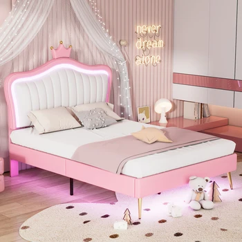 Полноразмерная кровать, Каркас кровати Со Светодиодной Обивкой и светодиодной Подсветкой, Удобная Мягкая кровать Princess С Изголовьем в виде Короны, для спальни 3