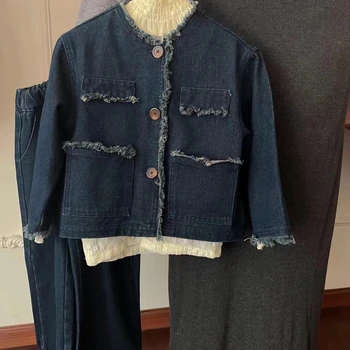 Комплект для девочек, осень 2023, Новая модная джинсовая одежда, Корейские широкие брюки, комплект из двух предметов, Детская демисезонная куртка для девочек 8
