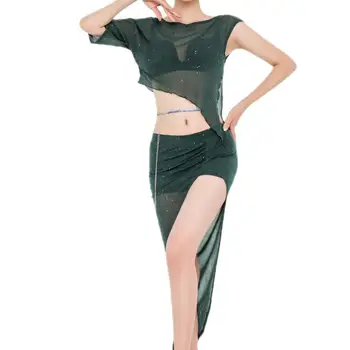Костюм для танца живота Сетчатый топ с короткими рукавами, юбка с разрезом, комплект одежды для тренировок, женская элегантная одежда для выступлений, лето
