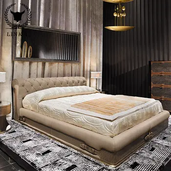 Современная легкая роскошная кожаная кровать из итальянской матовой кожи с двуспальной кроватью из массива дерева на заказ 7