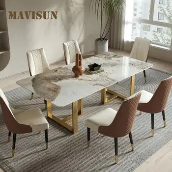Сочетание обеденного стола и стульев из скандинавской современной каменной доски Для маленькой квартиры, Прямоугольный обеденный стол, мебель для ресторана 9