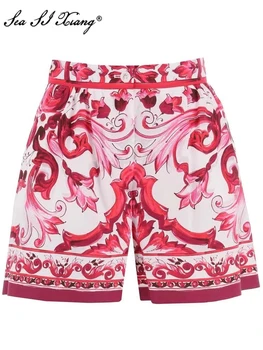 Модные дизайнерские шорты Seasixiang, летние шорты из 100% хлопка, женские шорты с карманами и красными цветами, уличные шорты с карманами 17