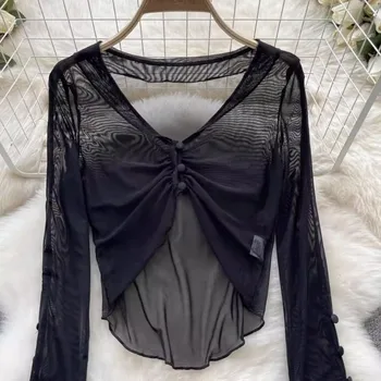 Женская сексуальная сетчатая прозрачная рубашка с расклешенным рукавом и V-образным вырезом, черный топ, женские однотонные топы в стиле харадзюку с длинными рукавами, весенне-осенние футболки 21