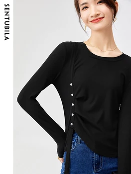 Sentubila, простые однотонные трикотажные футболки для женщин, летняя мода 2023, прямые топы с длинными рукавами, женские базовые футболки, Новый трикотаж 19