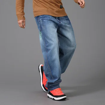 Плюс Толстый Большой Размер 48 Свободные Прямые джинсы Мужские Уличные хип-хоп печати Скейтборд Мешковатые джинсовые брюки Мужские