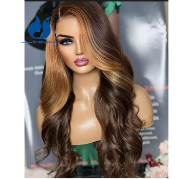 Аметистово-коричневый Со светлыми бликами 13x4 Парики из человеческих волос на кружеве спереди для женщин, бразильские волосы Remy, предварительно выщипанные, цветные 12