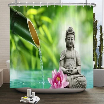 Зеленое растение Бамбуковая Занавеска для душа Ванная Комната Занавеска для ванны Водонепроницаемый полиэстер 3D Напечатанные Деревья 180 * 200 см Экран для ванны С крючками 14