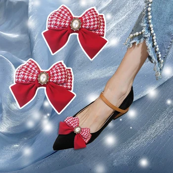 1 пара красных клетчатых зажимов для обуви с бантиком, съемная рождественская пряжка для обуви, металлические аксессуары для обуви со стразами для украшения дам 2