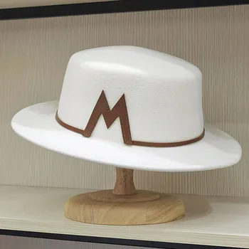 Женская фетровая шляпа с широкими полями, шерстяная шляпа-канотье, пояс из искусственной кожи, украшение буквой M, фетровые зимние шапки с плоским верхом, женская праздничная Церковная свадебная шляпа 8