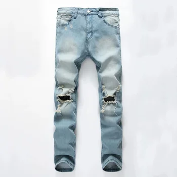 Модные рваные джинсы, мужские стрейчевые брюки из обтягивающей джинсовой ткани с обычной стиркой, Новые модные молодежные повседневные простые большие размеры