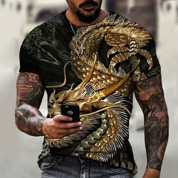 Мужская футболка для мужской одежды, футболка оверсайз с изображением китайского дракона и 3D принтом, летние повседневные модные топы с короткими рукавами 3