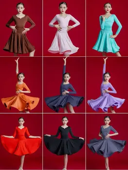 Стандартное платье для латиноамериканских танцев с длинными рукавами для девочек, детские платья для бальных танцев, детская верхняя юбка для сальсы, румбы, ча-ча-ча самбы, танго 1