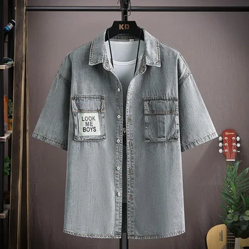 Мужская джинсовая рубашка с короткими рукавами, летняя высококачественная хлопчатобумажная модная одежда для улицы, прямая поставка 1