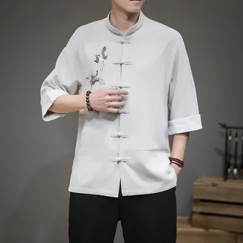 Мужские рубашки Мужская уличная одежда С воротником-стойкой, мужская рубашка с короткими рукавами, приталенная китайская традиционная одежда 5XL 9