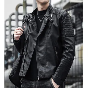 Мужская Приталенная куртка, Модная Однотонная Брендовая одежда, Мотоциклетные зимние куртки, Ветрозащитное черное кожаное пальто