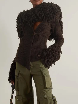 Дизайнерский винтажный однотонный полушерстяной свитер с бахромой на шее, кардиган, женский новый модный осенний роскошный топ 8