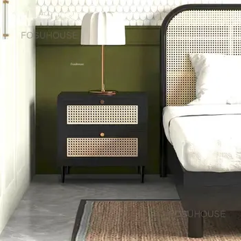 Простые современные прикроватные тумбочки Дизайнерская мебель для спальни Прикроватная тумбочка из ротанга Боковые шкафчики для дивана Прикроватный шкафчик с двумя выдвижными ящиками 10